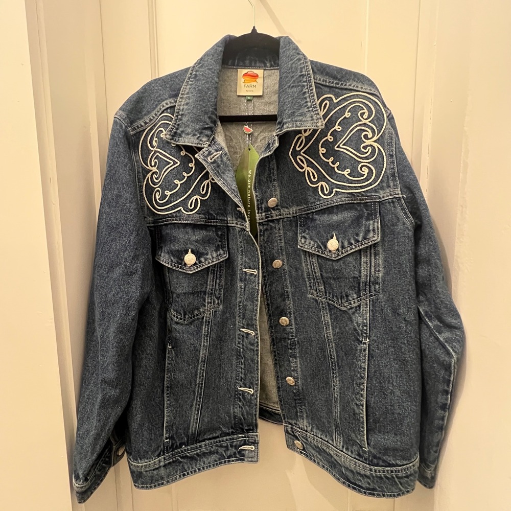 Farm Rio Blue Denim Jacket White Heart Rope Embroidery Boho NWT XL